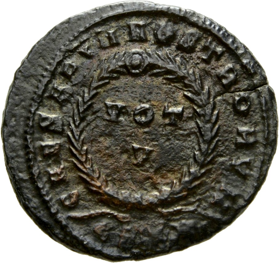 RIC VII Siscia 161 Constantine I reverse, VOT/V within a laurel wreath
