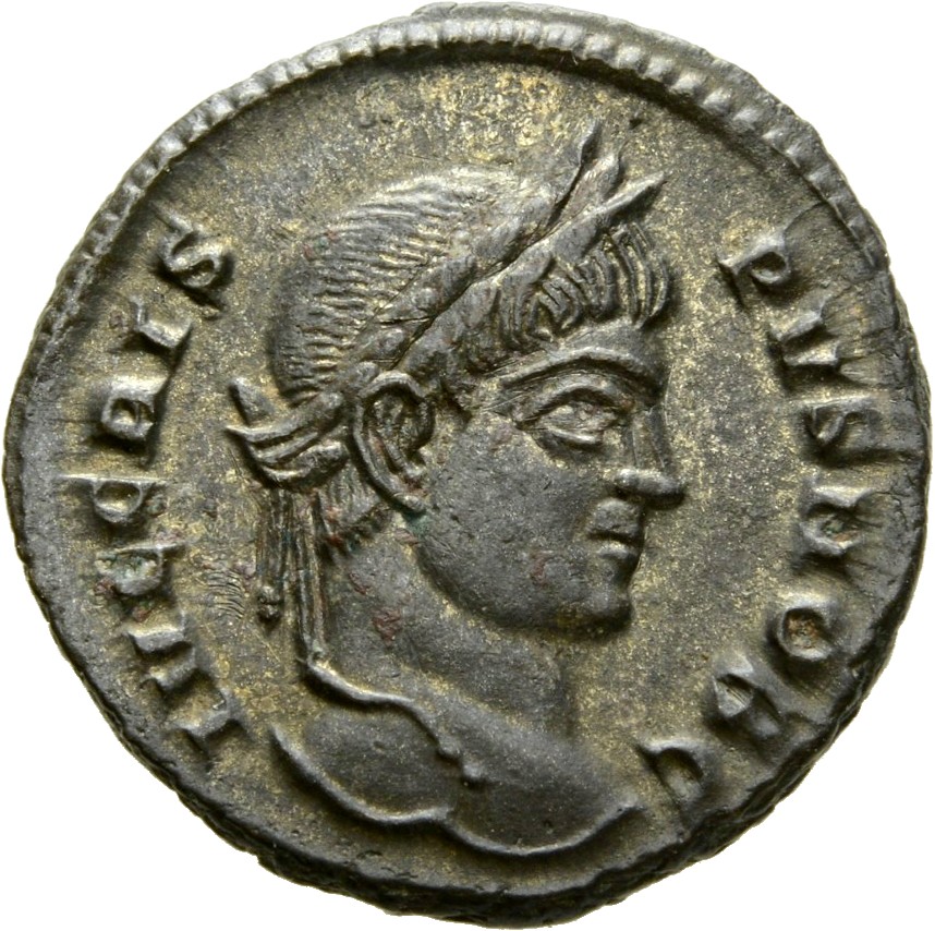 Constantine I obverse — Head of Crispus, laureate, right