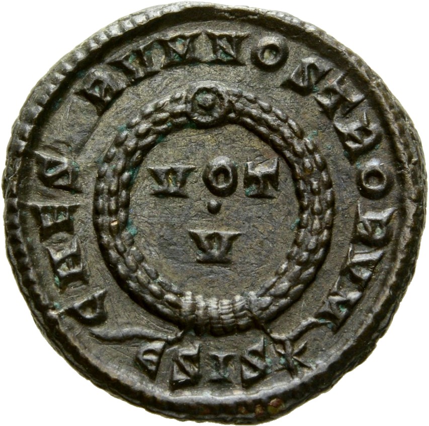 Constantine I reverse — VOT/V within a laurel wreath
