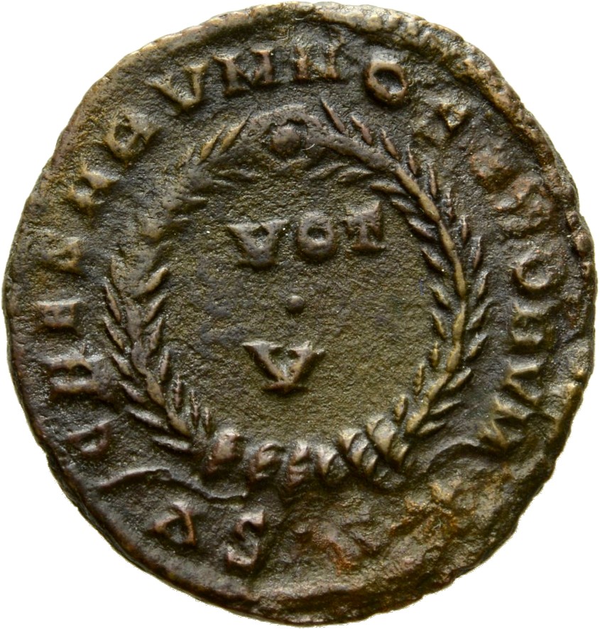 RIC VII Siscia 162 Constantine I reverse, VOT/V within a laurel wreath