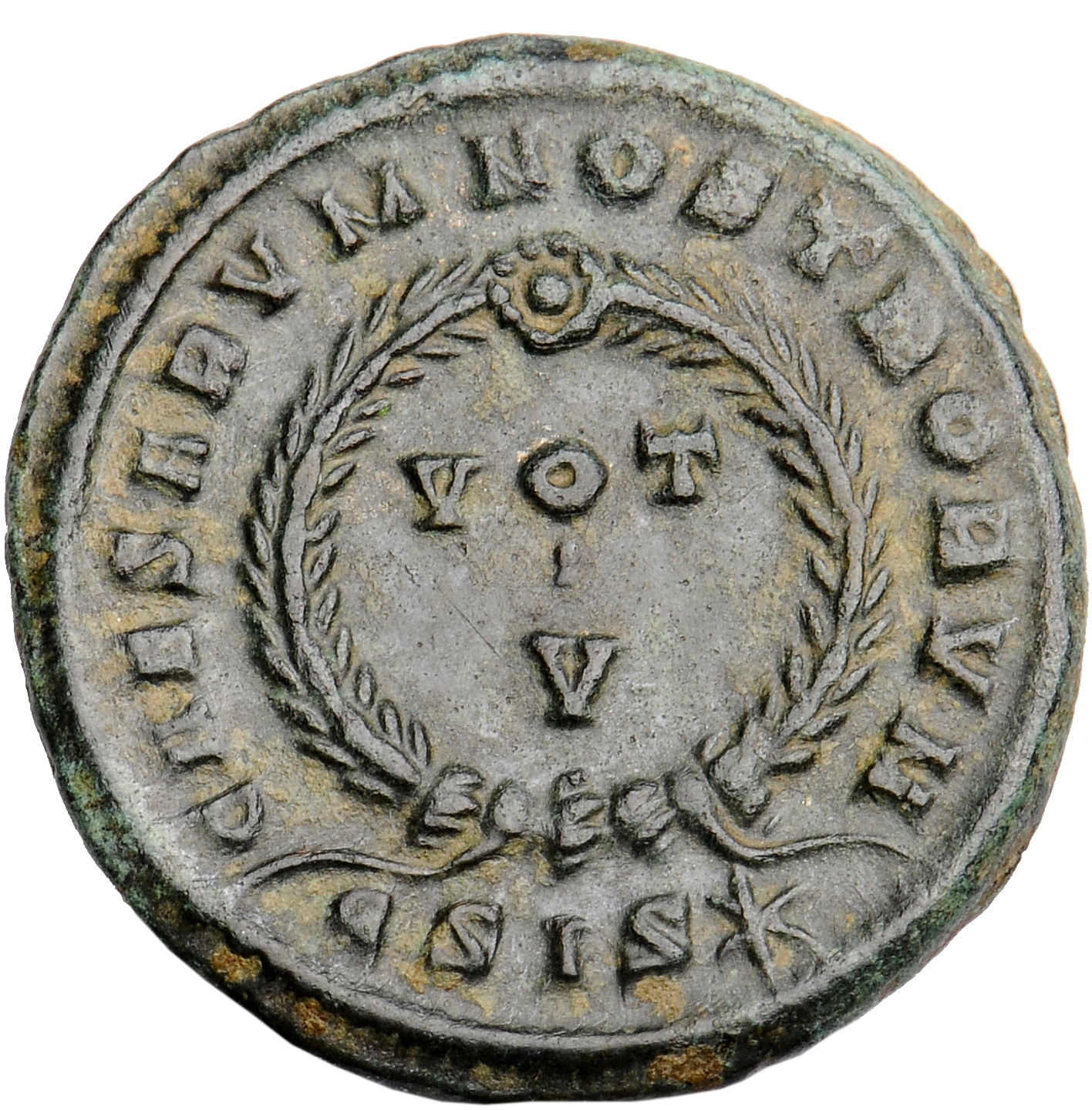 Constantine I reverse — VOT/V within a laurel wreath