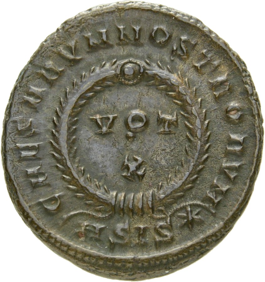 RIC VII Siscia 165 Constantine I reverse, VOT/X within a laurel wreath