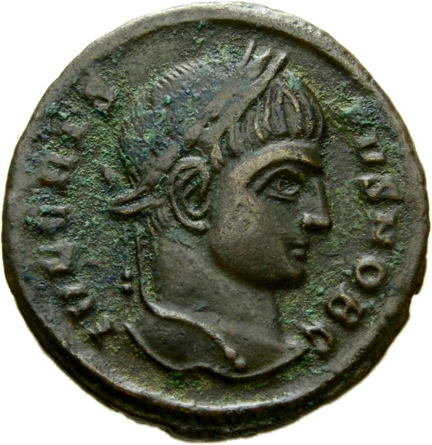 Constantine I obverse — Head of Crispus, laureate, right