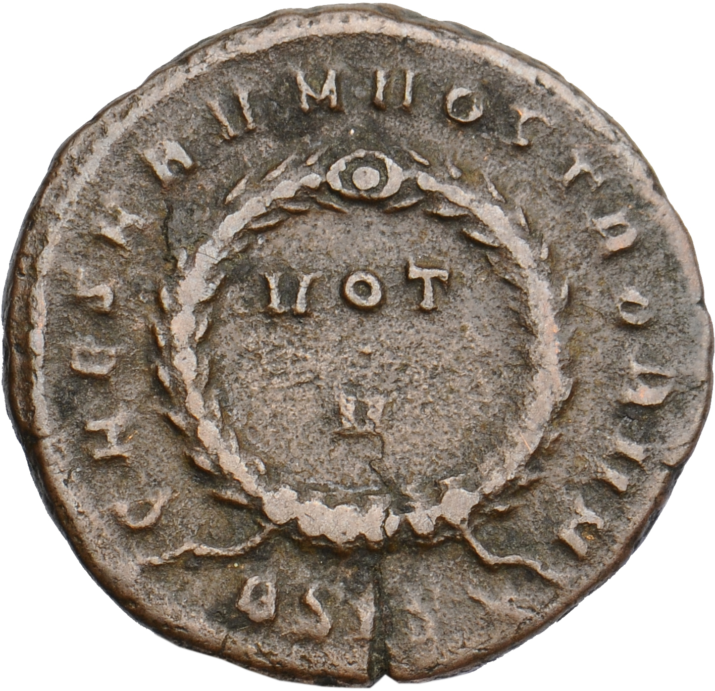 RIC VII Siscia 166 Constantine I reverse, VOT/X within a laurel wreath