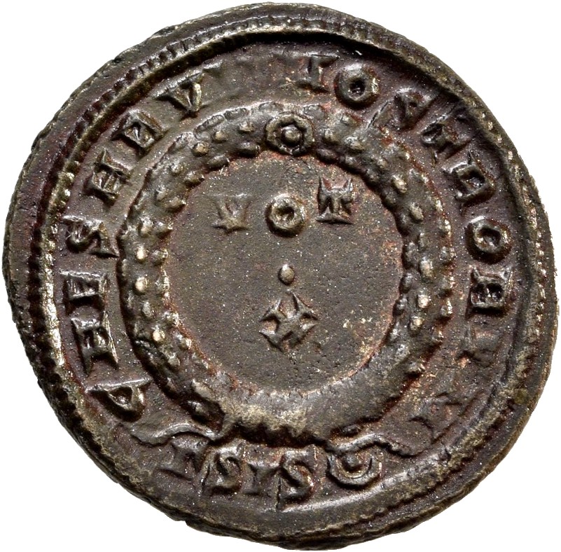 RIC VII Siscia 169 Constantine I reverse, VOT/X within a laurel wreath