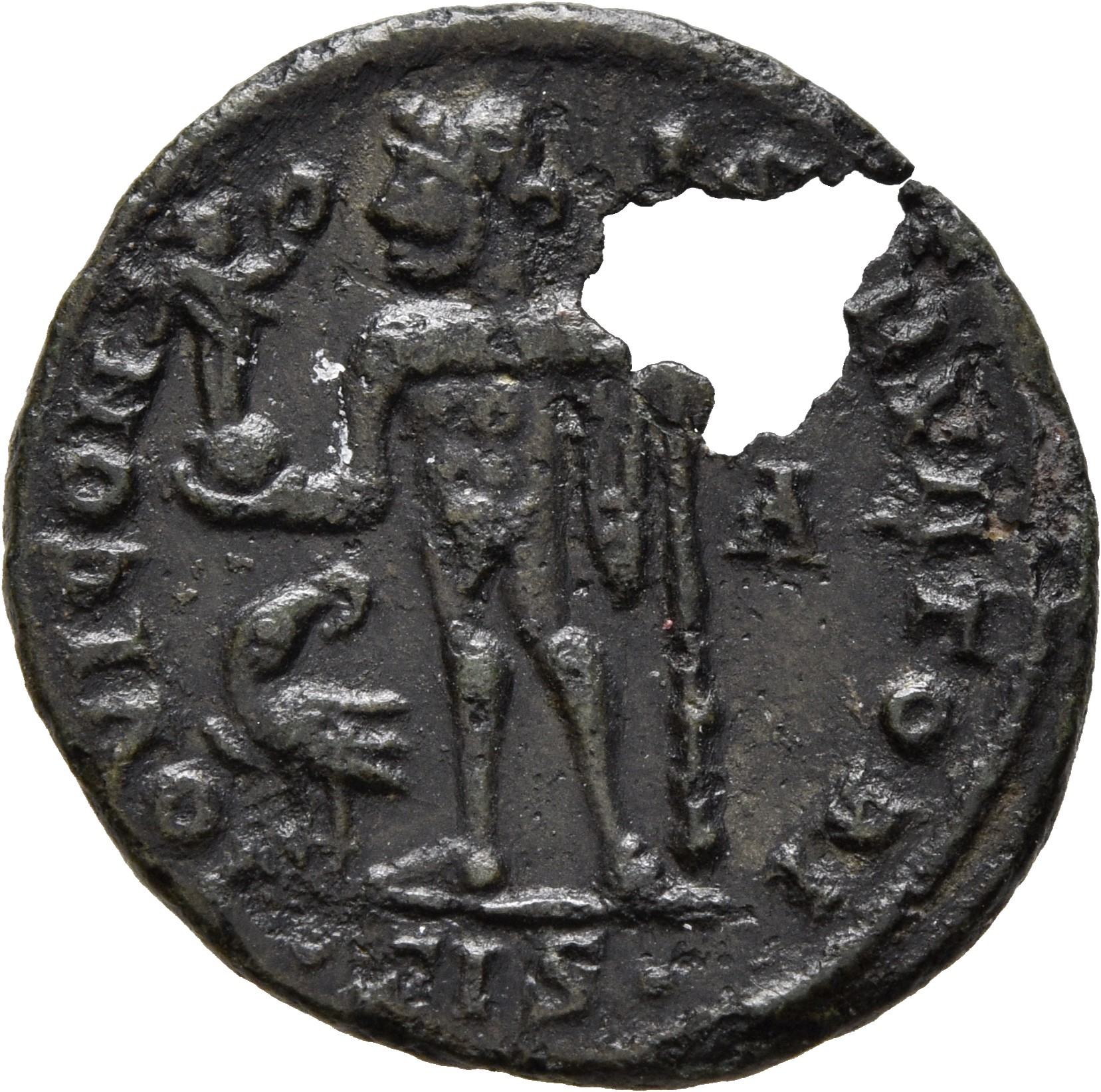 RIC VII Siscia 17 Licinius reverse, Jupiter, nude, chlamys draped across left shoulder, standing left, holding Victory on ...