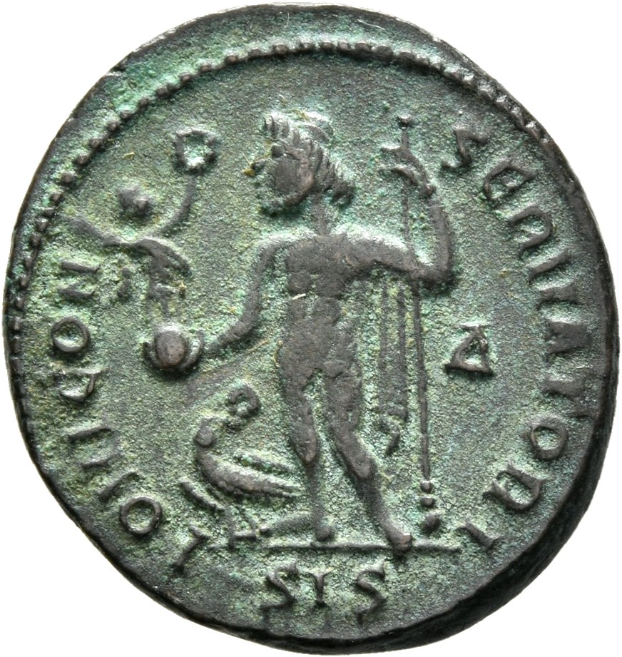 RIC VII Siscia 17 Licinius reverse, Jupiter, nude, chlamys draped across left shoulder, standing left, holding Victory on ...
