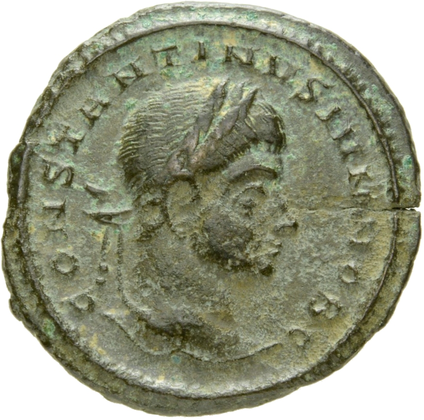 RIC VII Siscia 170 Constantine I obverse, Head of Constantine II, laureate, right