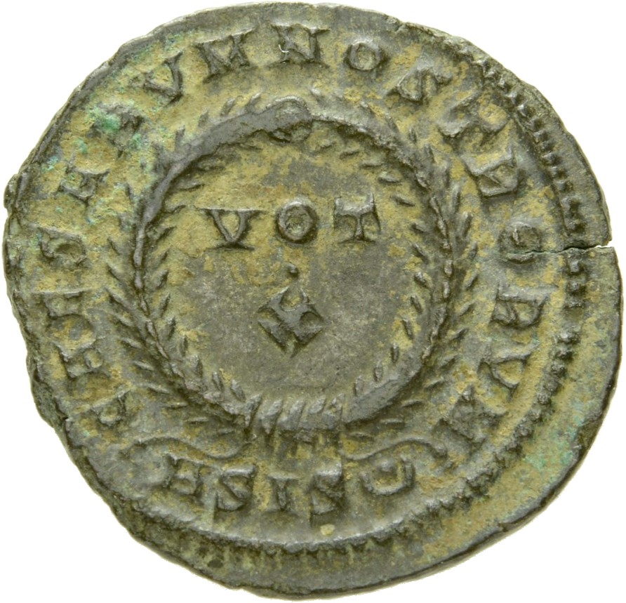 RIC VII Siscia 170 Constantine I reverse, VOT/X within a laurel wreath