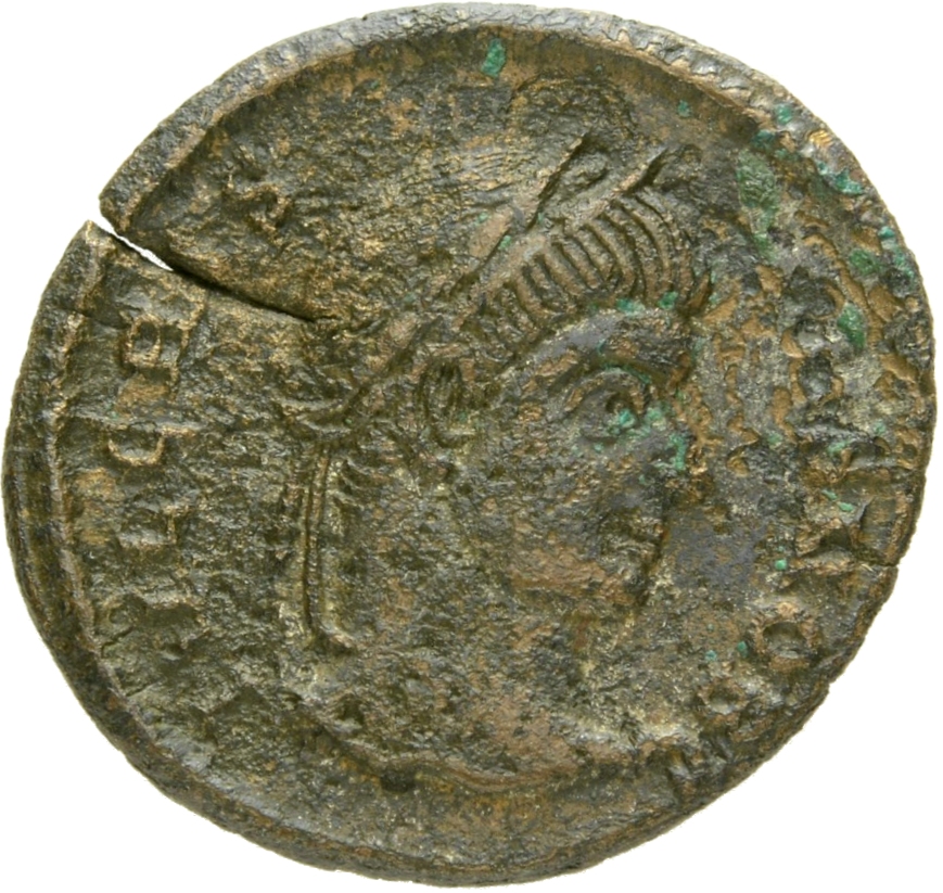 Constantine I obverse — Head of Crispus, laureate, right