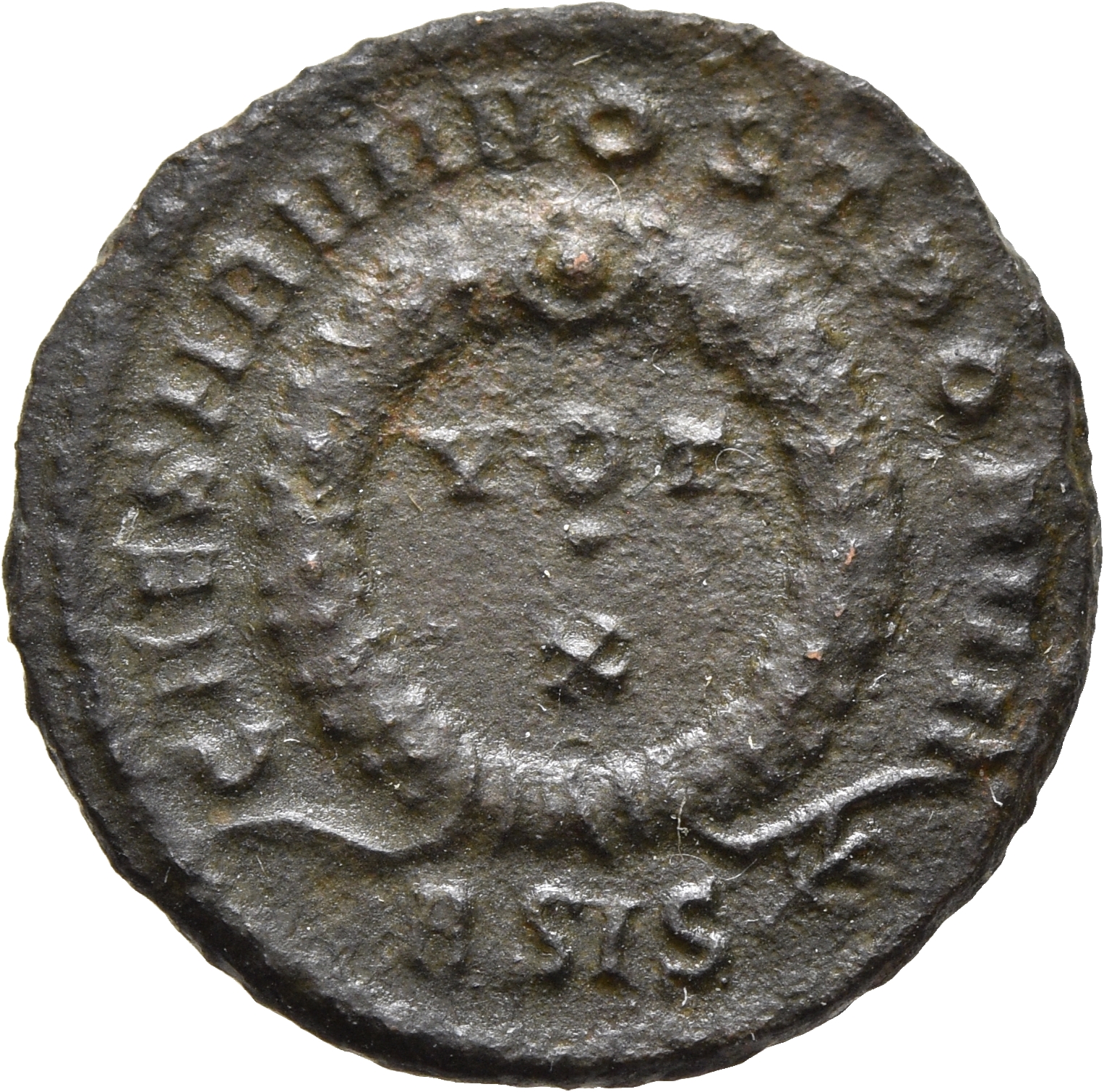 RIC VII Siscia 176 Constantine I reverse, VOT/X within a laurel wreath