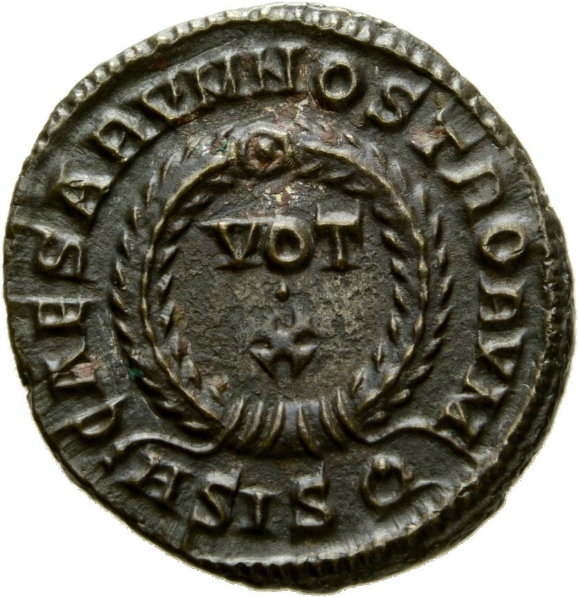 RIC VII Siscia 178 Constantine I reverse, VOT/X within a laurel wreath