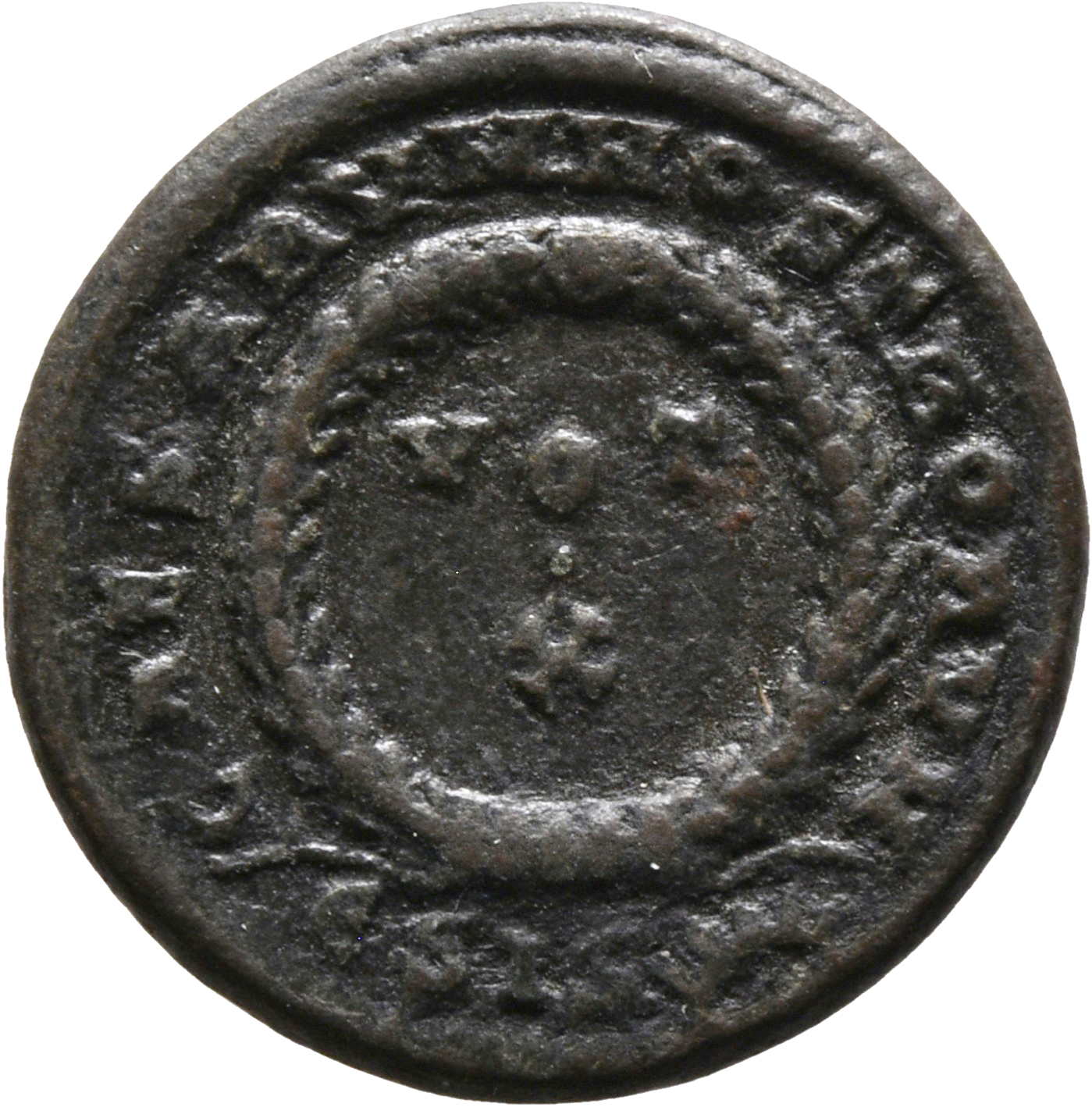 RIC VII Siscia 179 Constantine I reverse, VOT/X within a laurel wreath