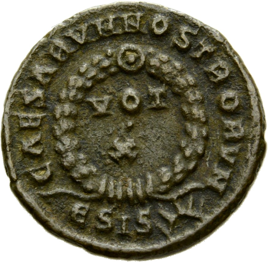 RIC VII Siscia 181 Constantine I reverse, VOT/X within a laurel wreath