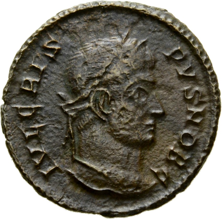 Constantine I obverse — Head of Crispus, laureate, right
