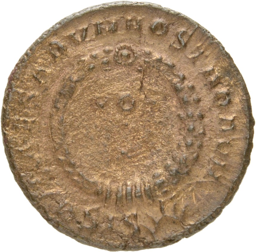 RIC VII Siscia 182 Constantine I reverse, VOT/X within a laurel wreath