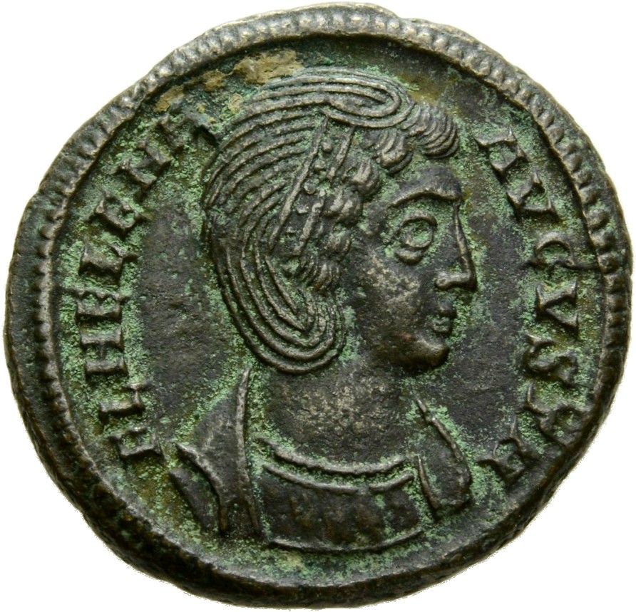 Constantine I obverse — Bust of Helena, wearing necklace and mantle, right