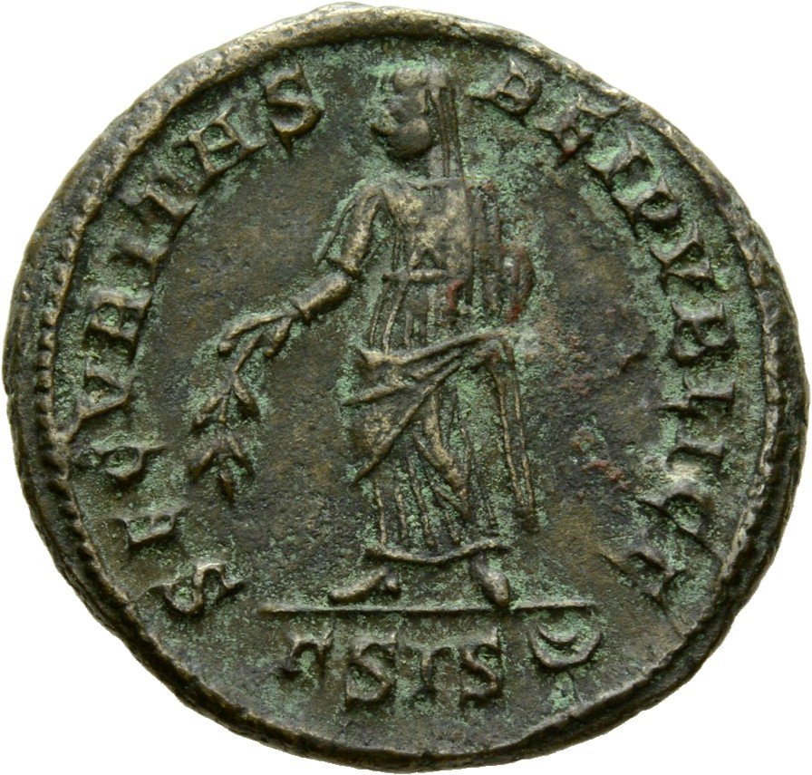 Constantine I reverse — Securitas, draped, standing left, raising robe with right hand and lowering branch with left hand