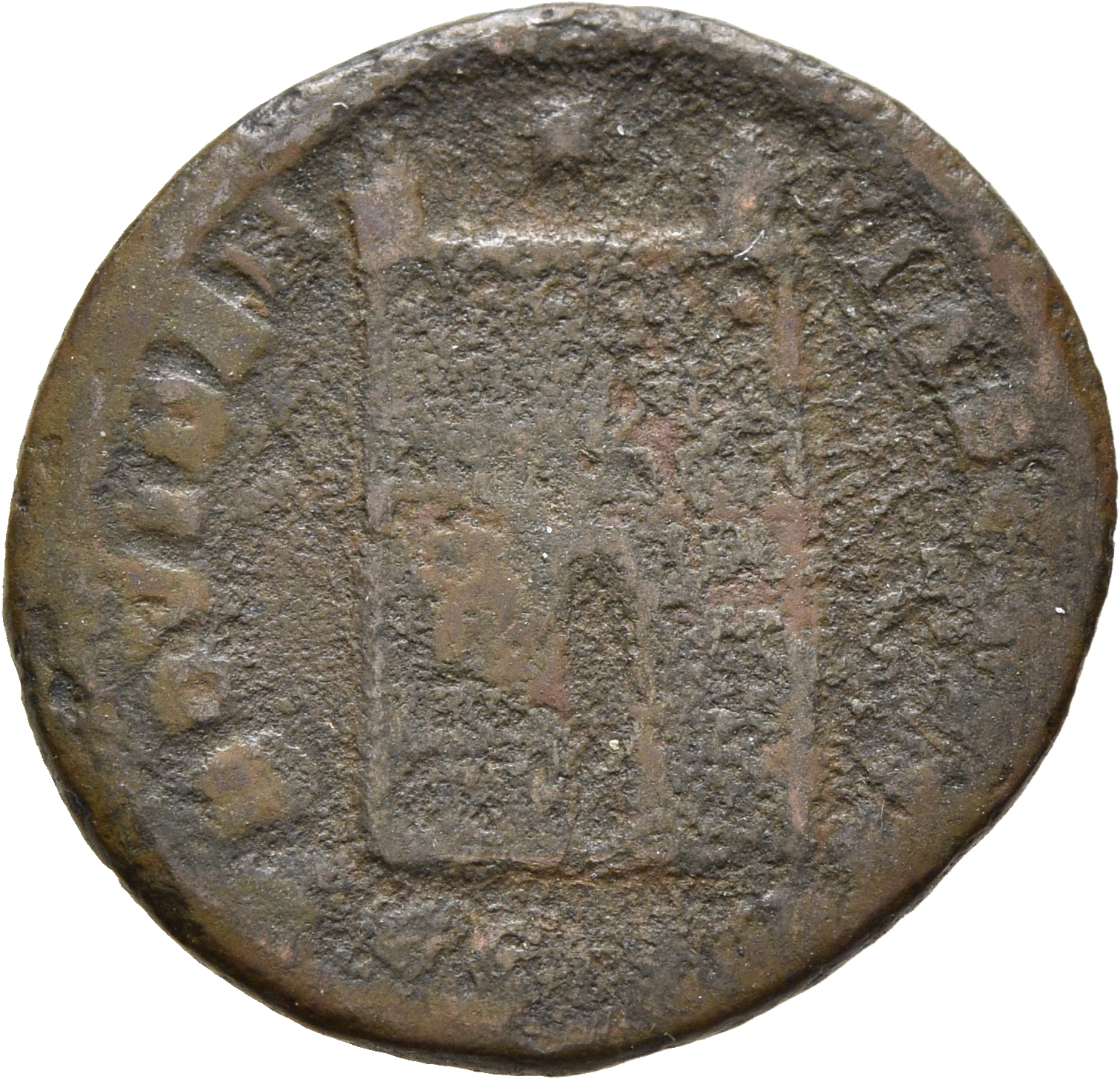 RIC VII Siscia 194 Constantine I reverse, Camp gate with two turrets, without doors, with five or six stone layers; star a...