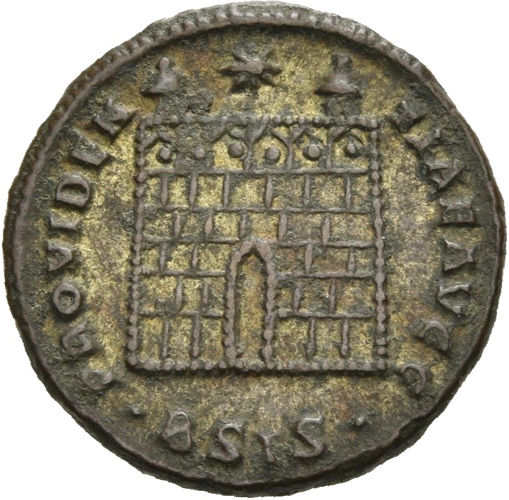 RIC VII Siscia 200 Constantine I reverse, Camp gate with two turrets, without doors, with five or six stone layers; star a...