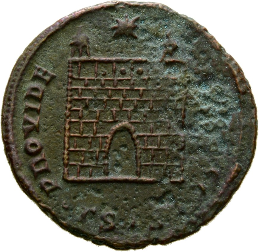 Constantine I reverse — Camp gate with two turrets, without doors, with five or six stone layers; star above