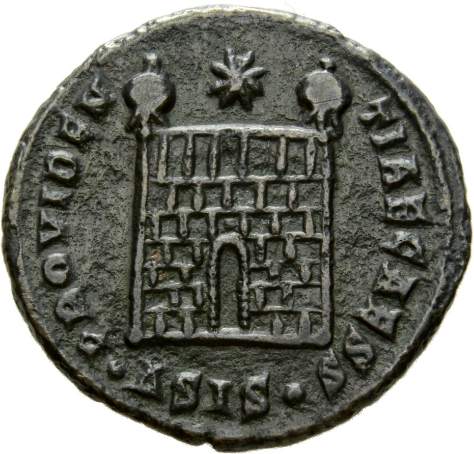 RIC VII Siscia 202 Constantine I reverse, Camp gate with two turrets, without doors, with five or six stone layers; star a...