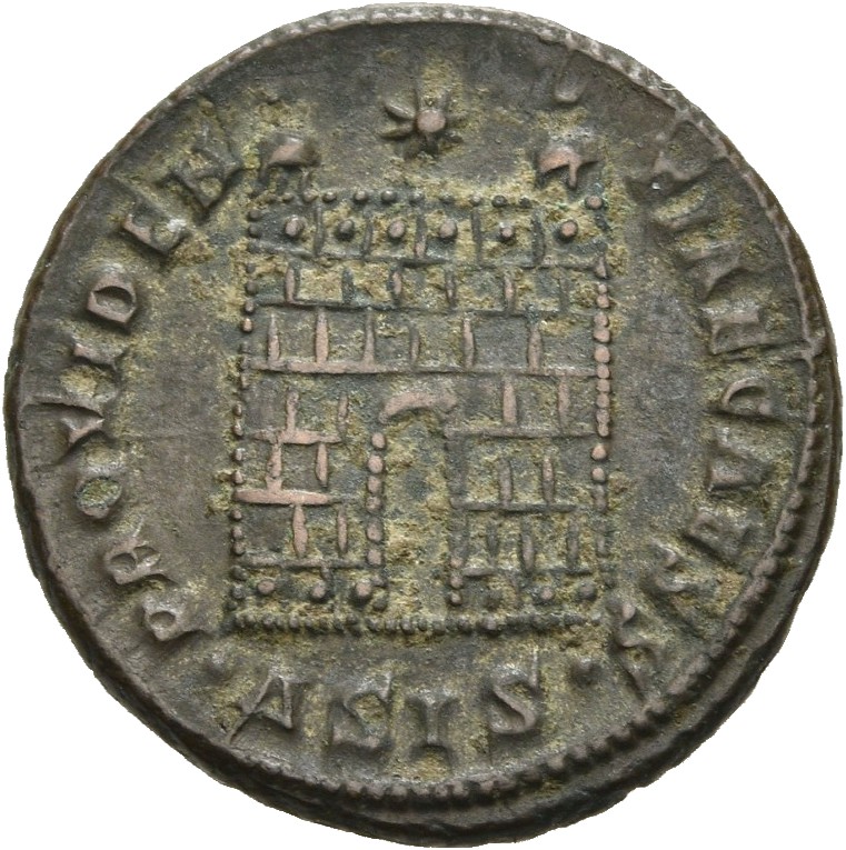 RIC VII Siscia 203 Constantine I reverse, Camp gate with two turrets, without doors, with five or six stone layers; star a...