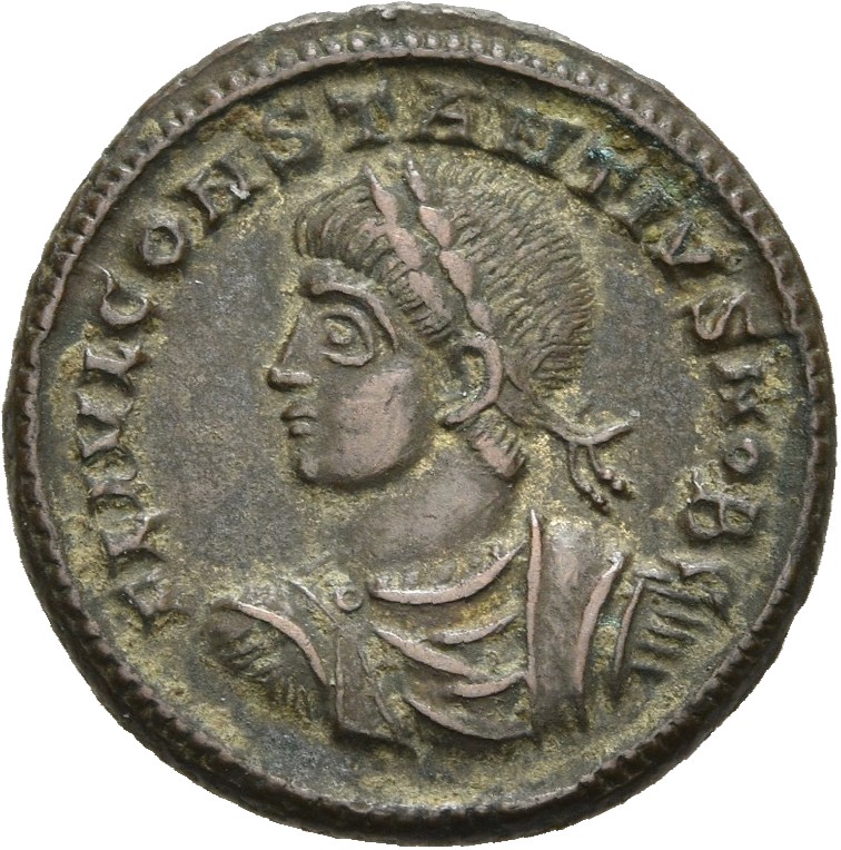 RIC VII Siscia 203 Constantine I obverse, Bust of Constantius II, laureate, draped, cuirassed, left