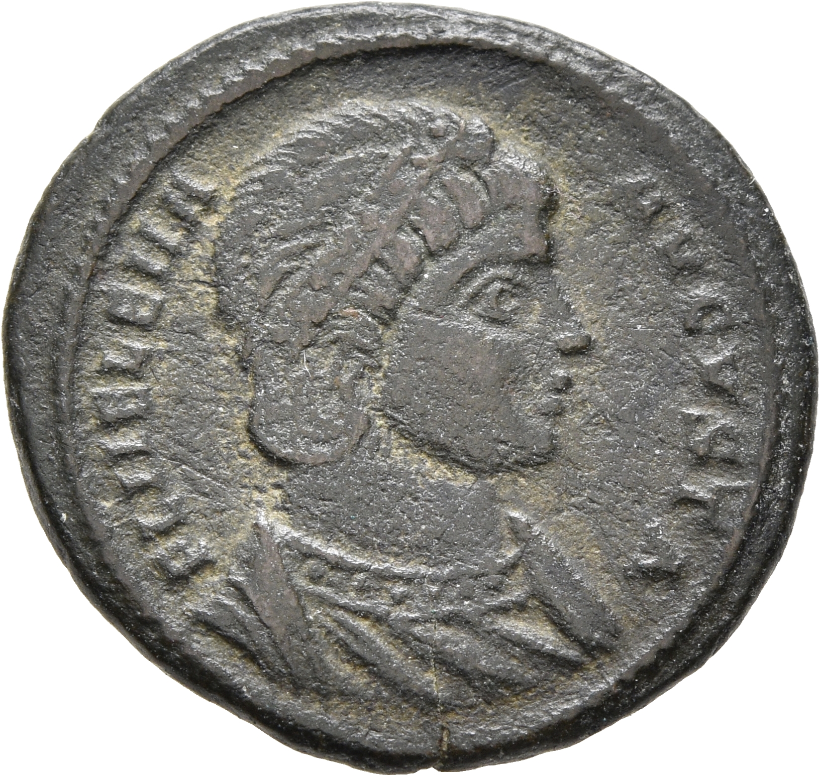 RIC VII Siscia 204 Constantine I obverse, Bust of Helena, wearing necklace and mantle, right