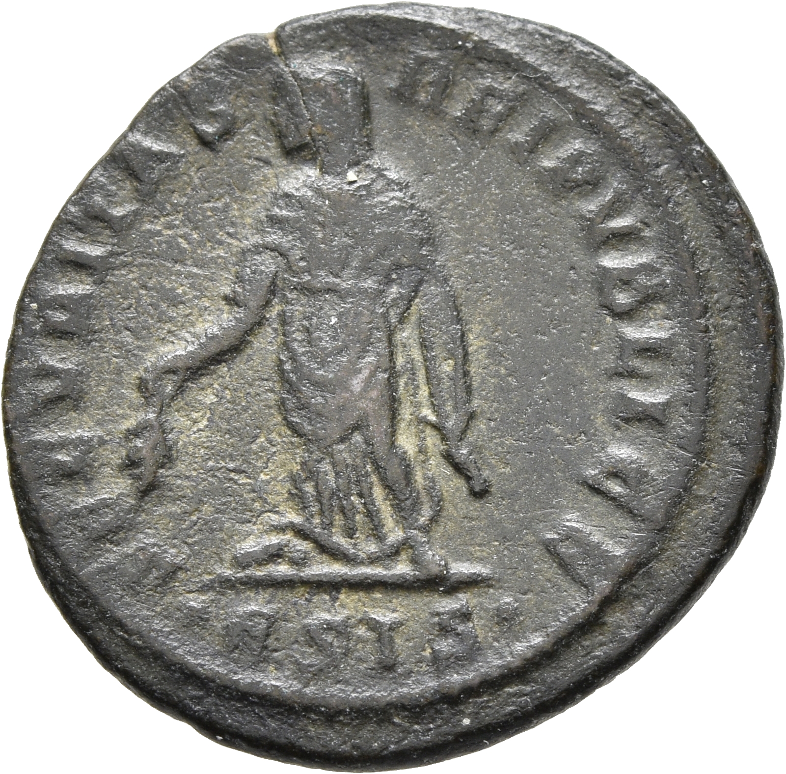 RIC VII Siscia 204 Constantine I reverse, Securitas, draped, standing left, raising robe with right hand and lowering bran...