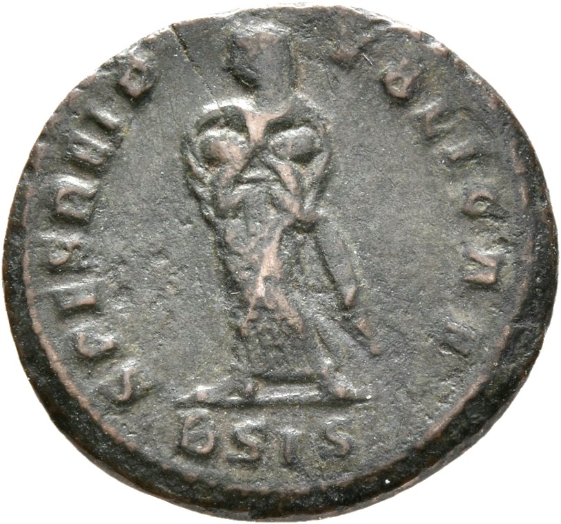 RIC VII Siscia 205 Constantine I reverse, Spes, veiled, draped, standing front, head left, holding two children in her arms
