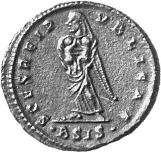 Constantine I reverse — Spes, veiled, draped, standing front, head left, holding two children in her arms