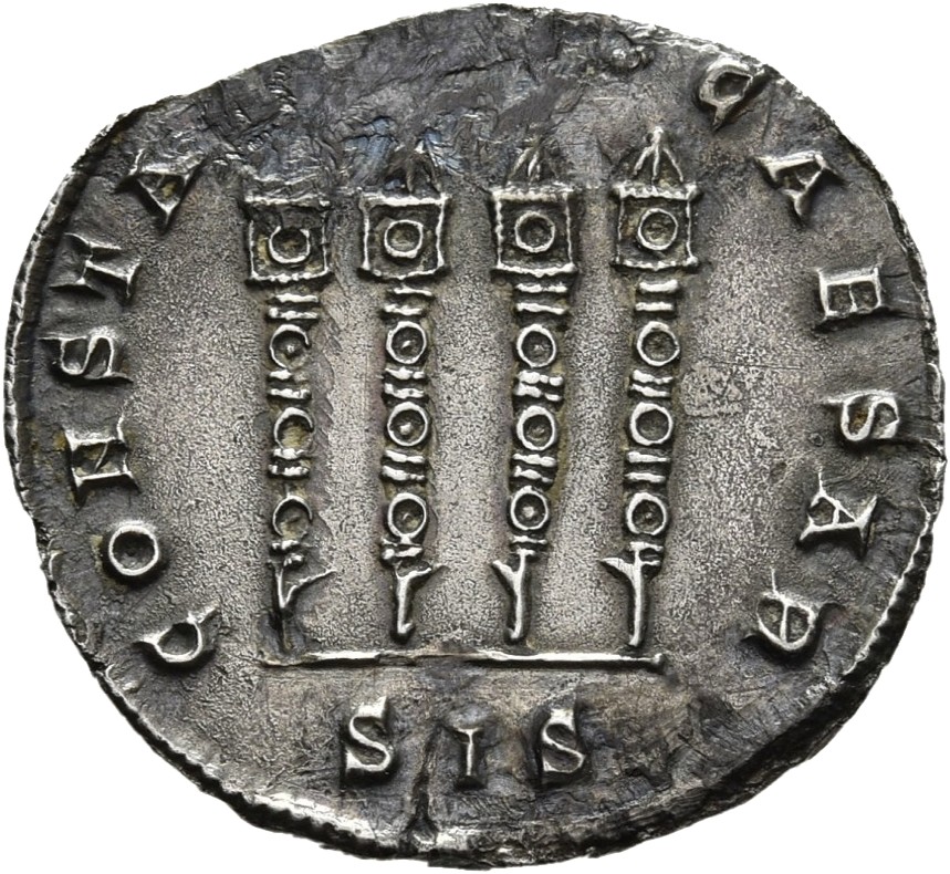 RIC VII Siscia 211 Constantine I reverse, Four standards