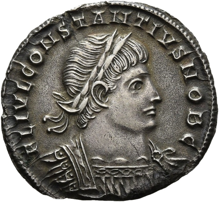 RIC VII Siscia 211 Constantine I obverse, Bust of Constantius II, laureate, cuirassed, right
