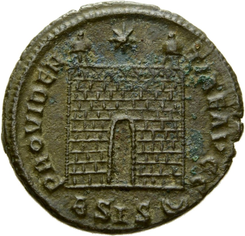 Constantine I reverse — Camp gate with two turrets, without doors, with five or six stone layers; star above