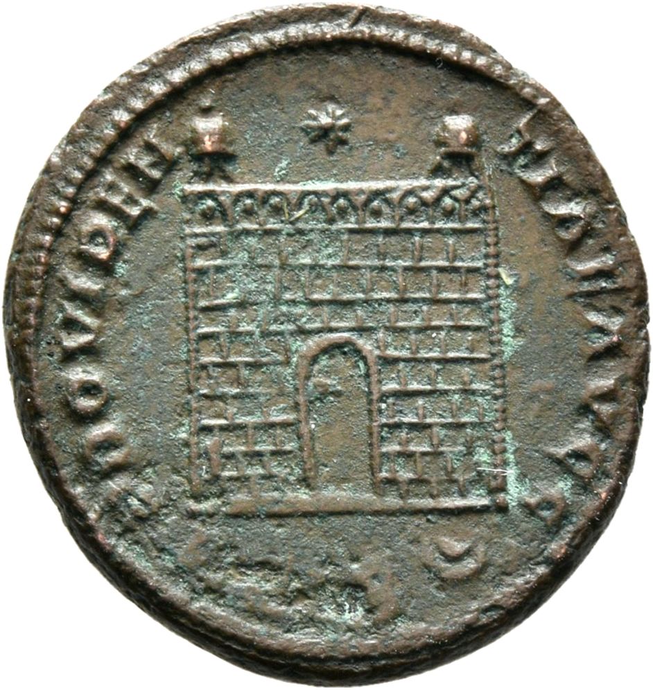 RIC VII Siscia 215 Constantine I reverse, Camp gate with two turrets, without doors, with five or six stone layers; star a...