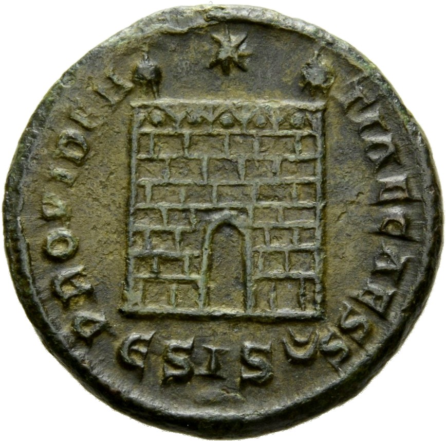 RIC VII Siscia 216 Constantine I reverse, Camp gate with two turrets, without doors, with five or six stone layers; star a...