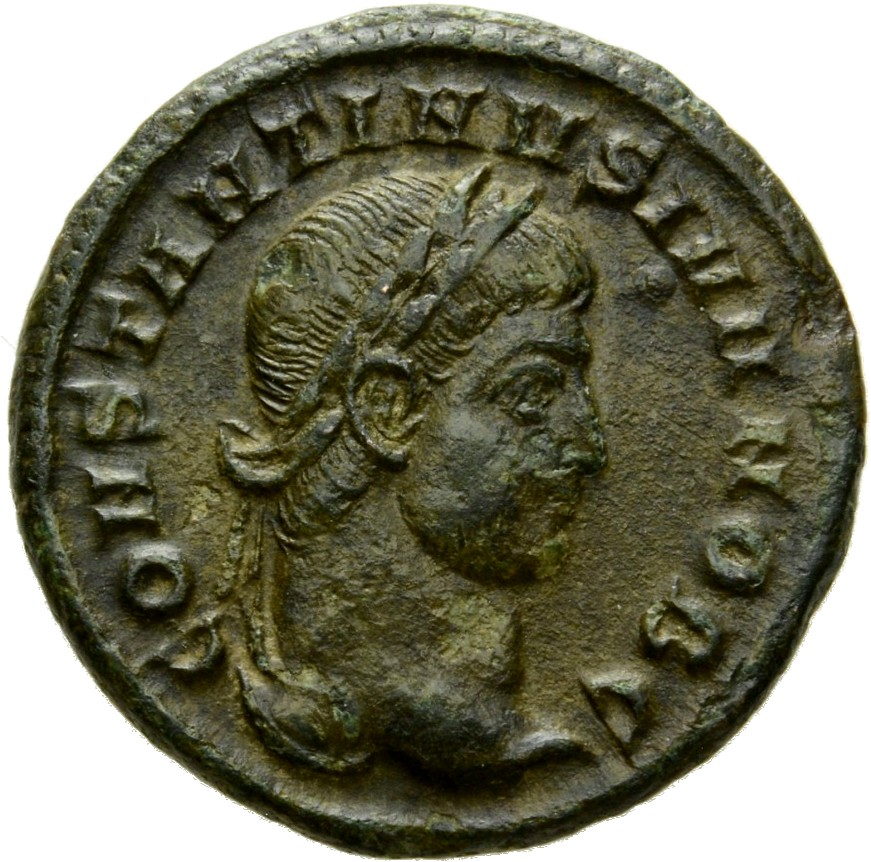 RIC VII Siscia 216 Constantine I obverse, Head of Constantine II, laureate, right