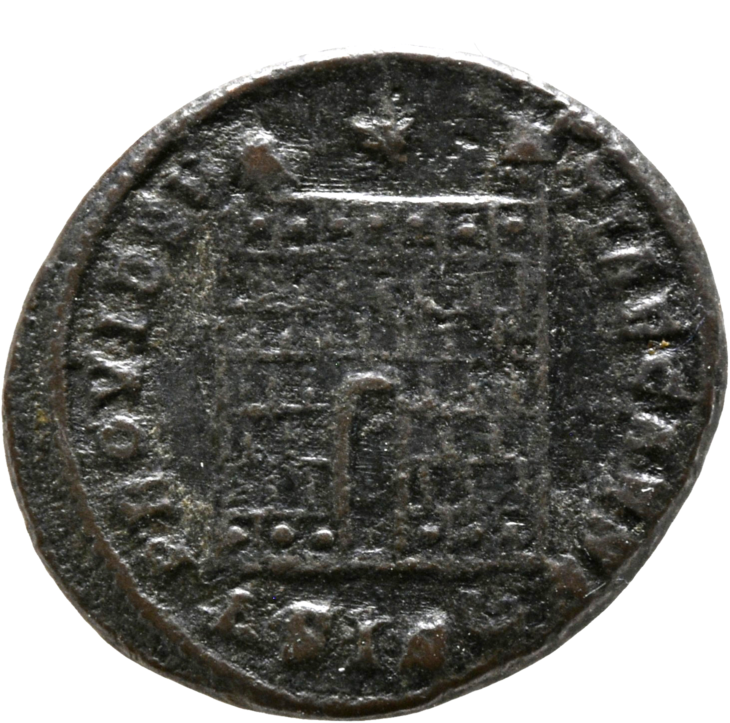 RIC VII Siscia 217 Constantine I reverse, Camp gate with two turrets, without doors, with five or six stone layers; star a...