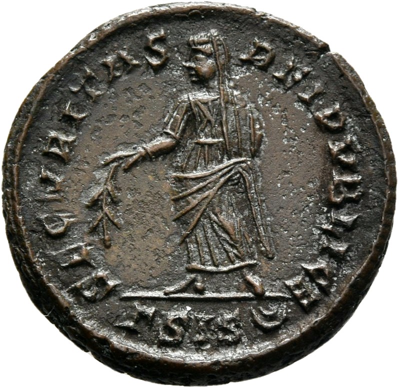 RIC VII Siscia 218 Constantine I reverse, Securitas, draped, standing front, head right, placing right hand on head and le...