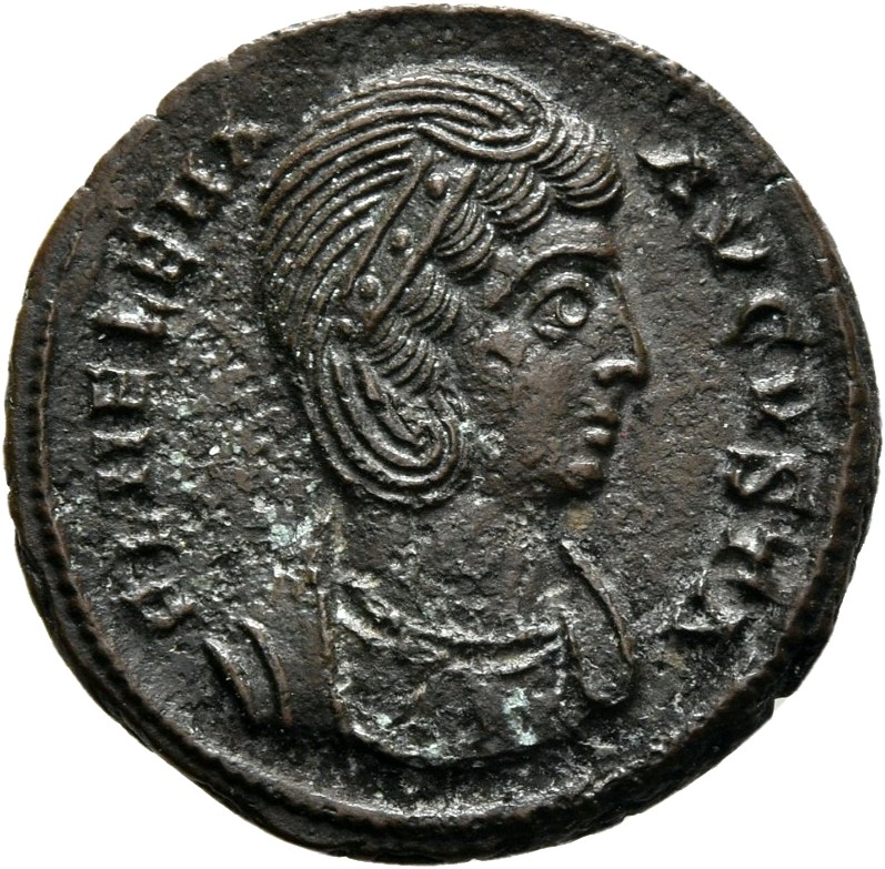 RIC VII Siscia 218 Constantine I obverse, Bust of Helena, wearing necklace and mantle, right