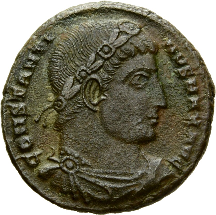 Constantine I obverse — Bust of Constantine I, rosette-diademed, draped, cuirassed, right