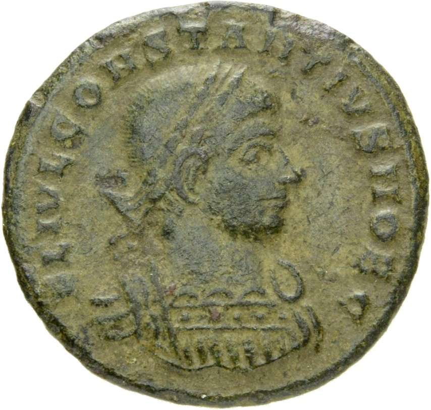 RIC VII Siscia 221 Constantine I obverse, Bust of Constantius II, laureate, cuirassed, right