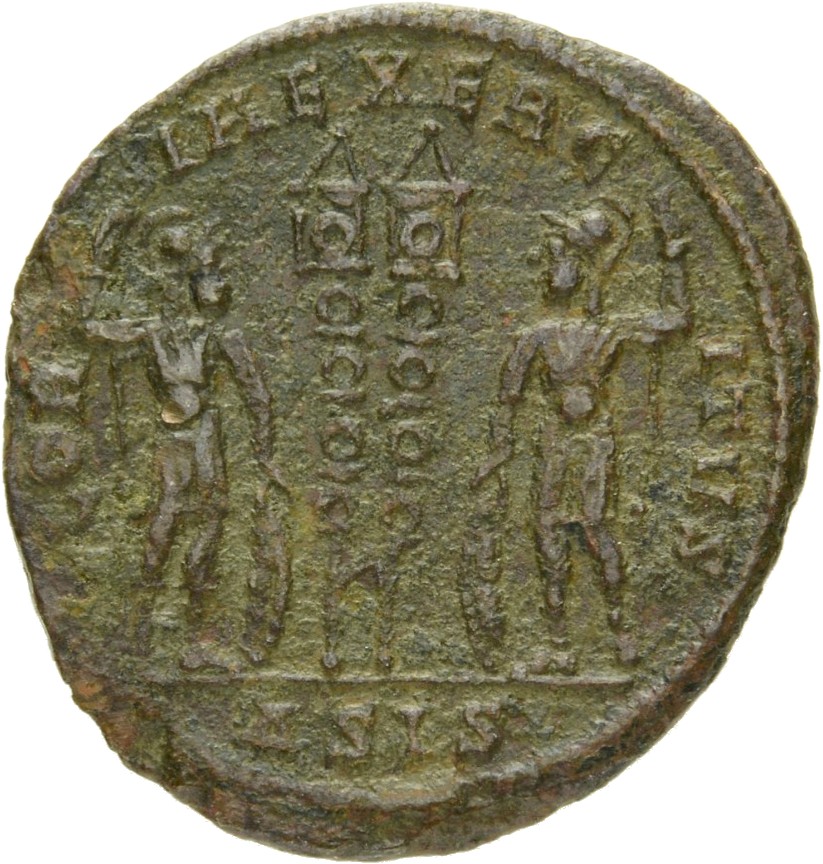 RIC VII Siscia 221 Constantine I reverse, Two soldiers, helmeted, draped, cuirassed, standing facing each other, each hold...