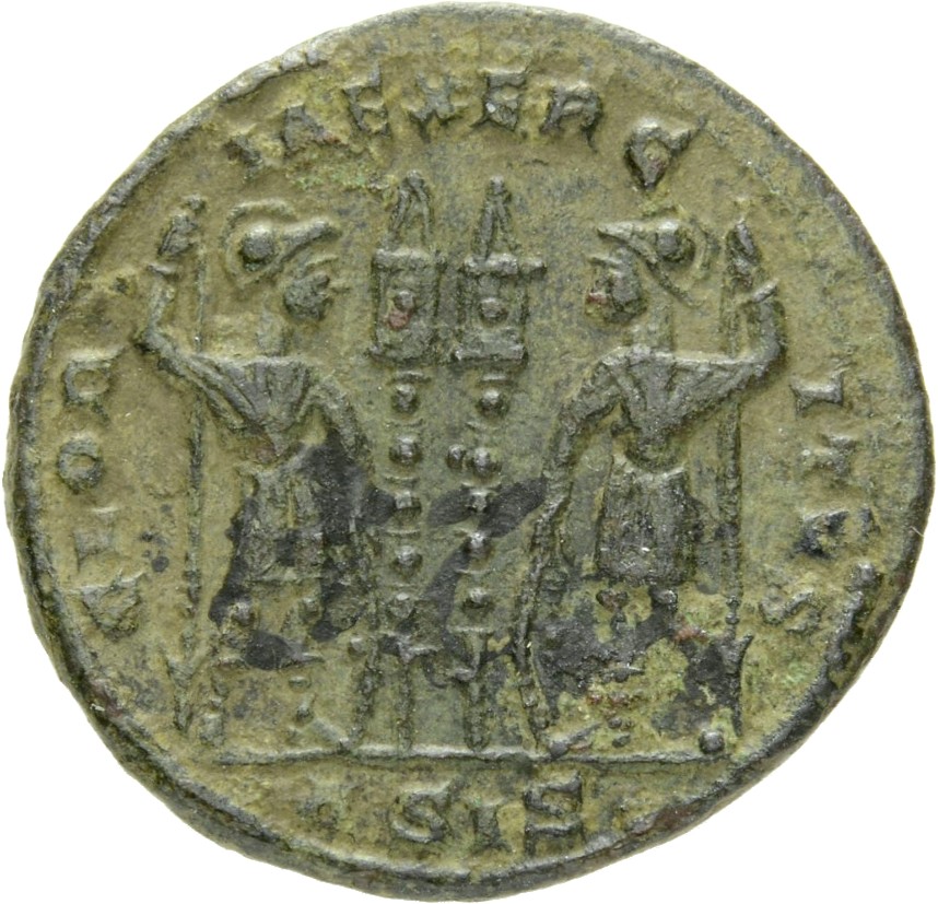 RIC VII Siscia 221 Constantine I reverse, Two soldiers, helmeted, draped, cuirassed, standing facing each other, each hold...