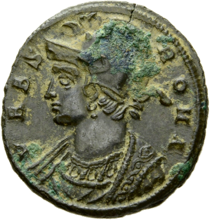 RIC VII Siscia 222 Constantine I obverse, Bust of Roma, helmeted, wearing imperial cloak, left