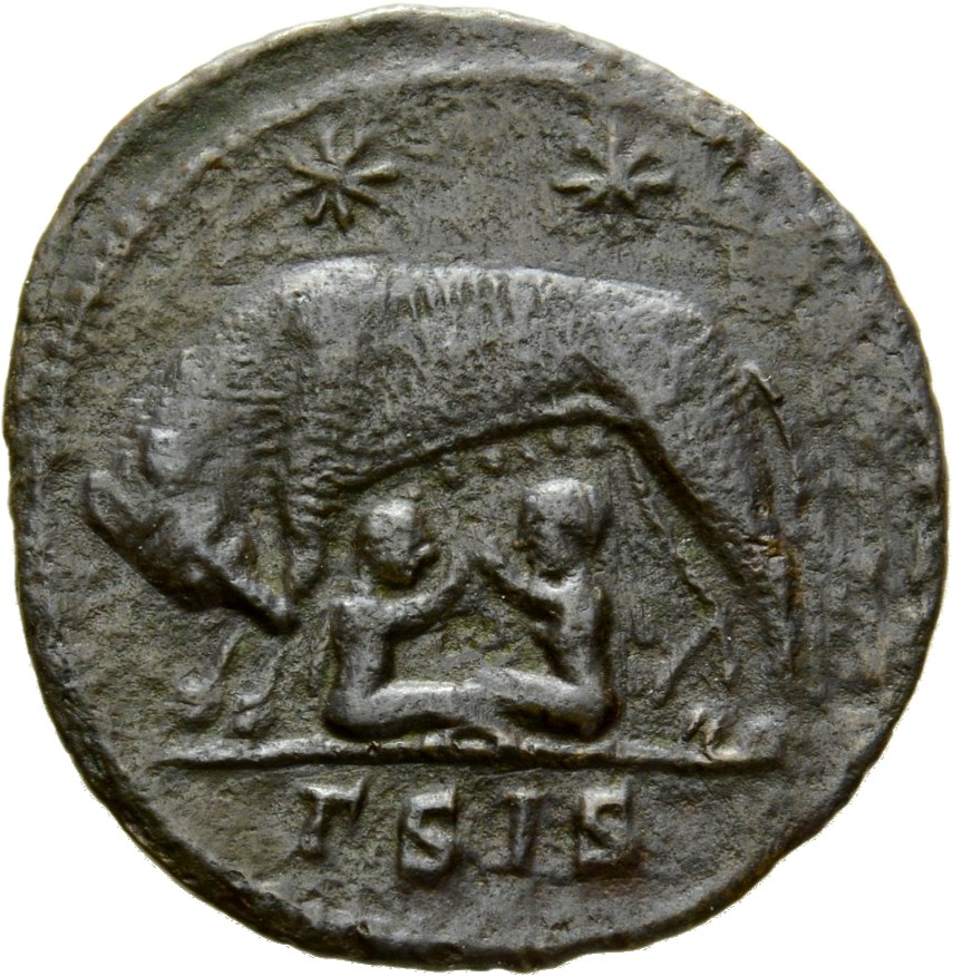 RIC VII Siscia 222 Constantine I reverse, She-wolf, standing left, suckling twins; above, two stars