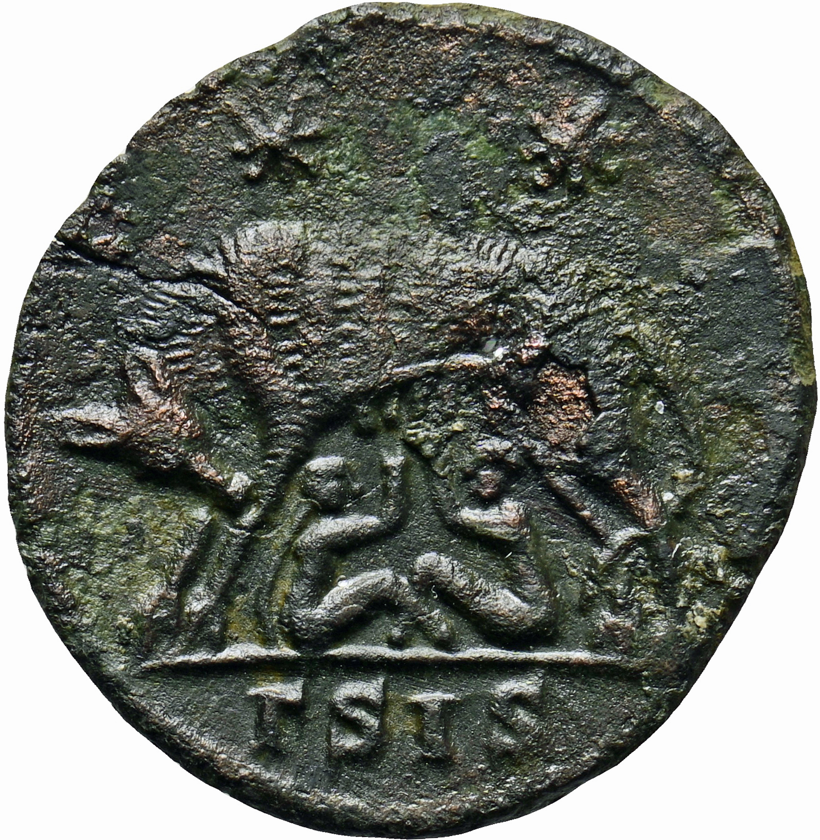 RIC VII Siscia 222 Constantine I reverse, She-wolf, standing left, suckling twins; above, two stars