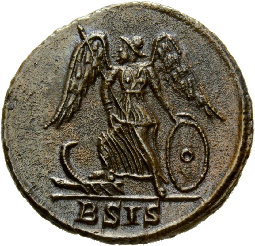 RIC VII Siscia 224 Constantine I reverse, Victory, winged, draped, standing left on prow, holding spear in right hand and ...