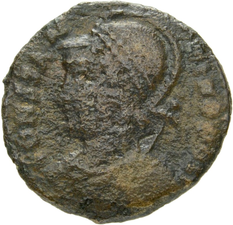 RIC VII Siscia 224 Constantine I obverse, Bust of Constantinopolis, laureate, helmeted, wearing imperial cloak, left, hold...